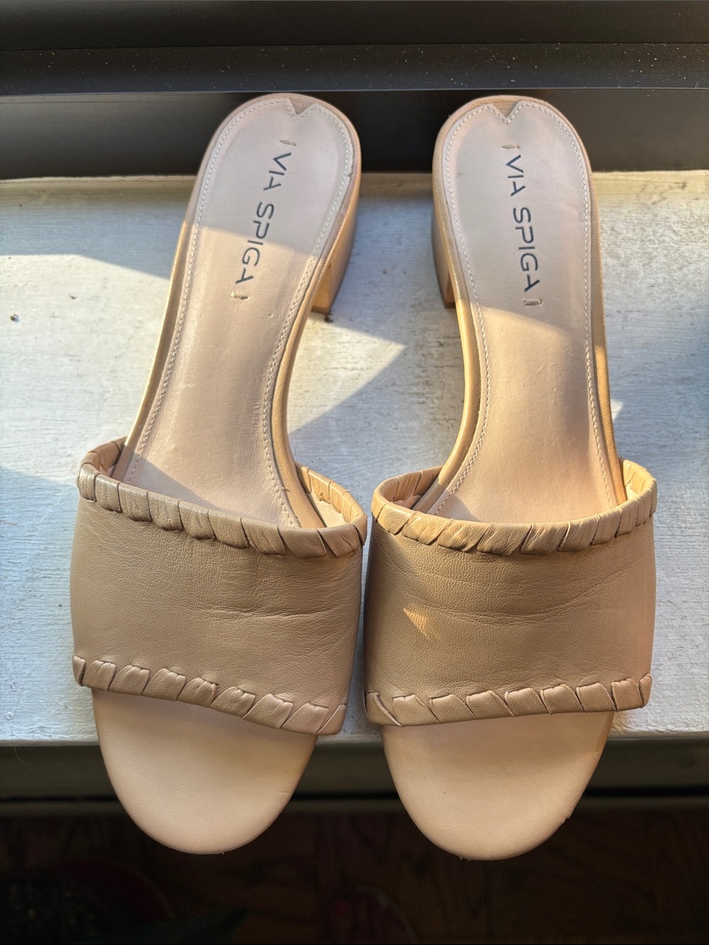 Via Spiga Neutral Tan Braided-Trim Slide Mules
